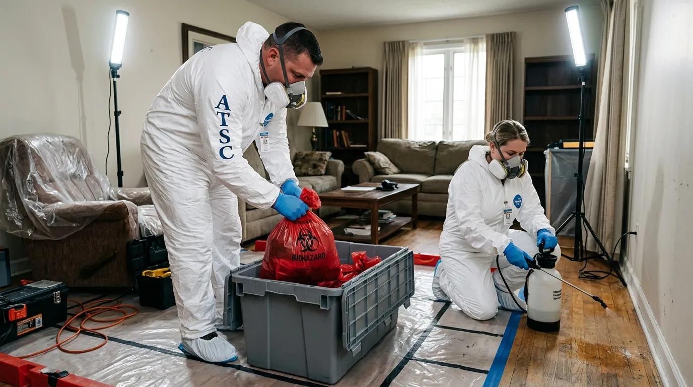 Professional Hoarding Cleanup technician in full PPE working in Saint John